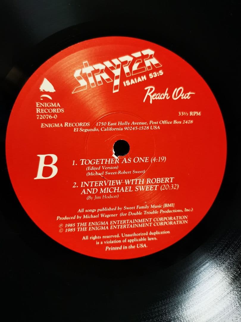 Stryper - Reach Out 12" Vinyl EP 1985 US Pressing Enigma Records Metal