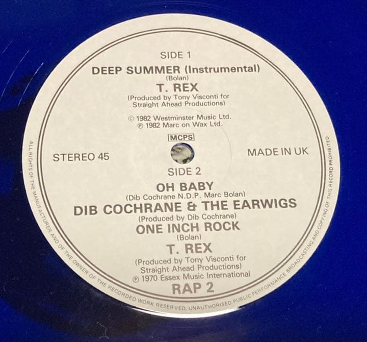 T. Rex - Deep Summer / One Inch Rock - 12" Blue Vinyl - Marc Bolan UK Import