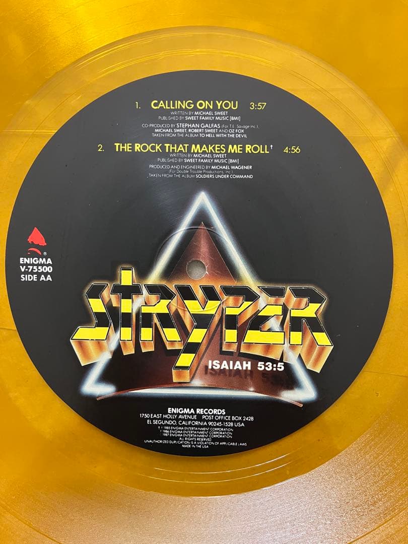 Stryper - Free / Calling On You 12" Yellow Vinyl EP Enigma Records V-75500