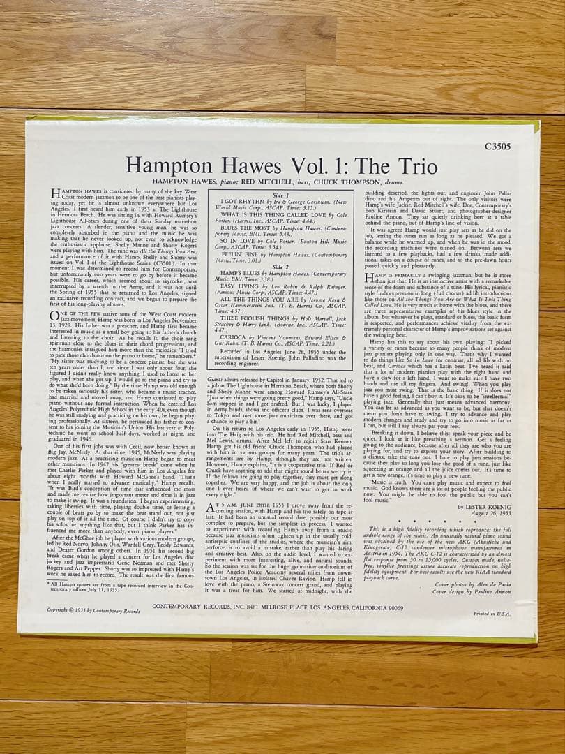 Hampton Hawes Trio Vol. 1 LP Vinyl US Pressing Deep Groove Jazz Contemporary