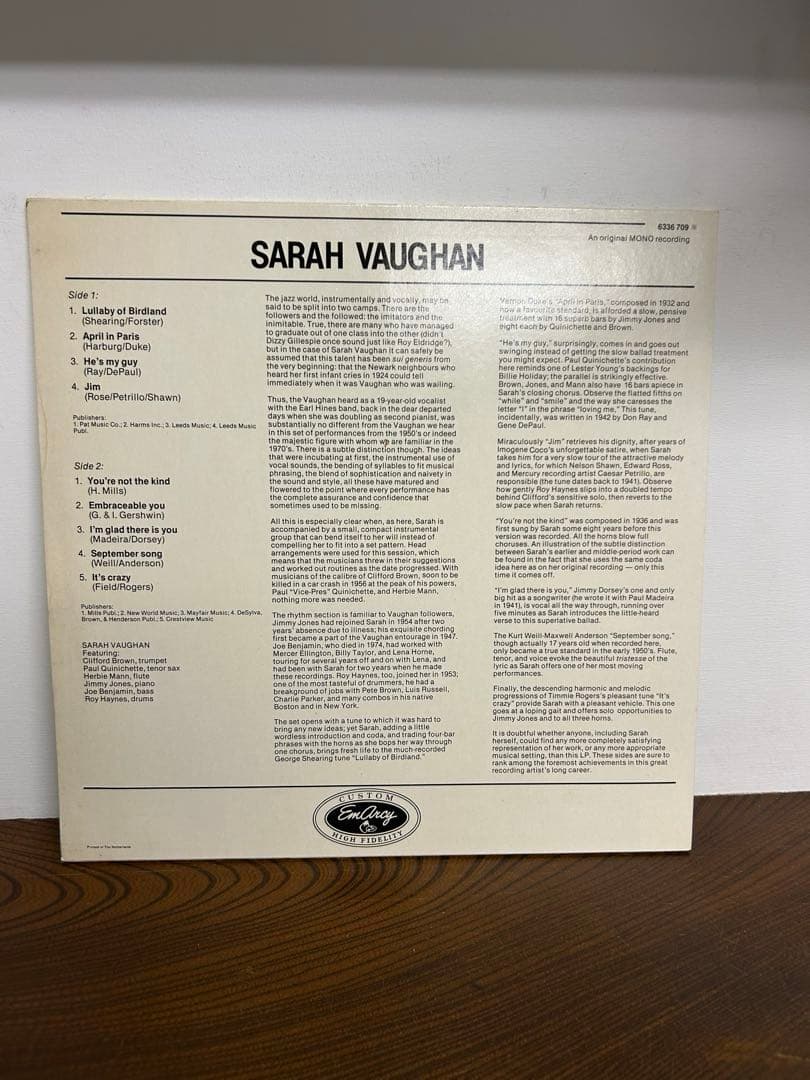Sarah Vaughan with Clifford Brown EmArcy Jazz Vinyl LP Netherlands Pressing