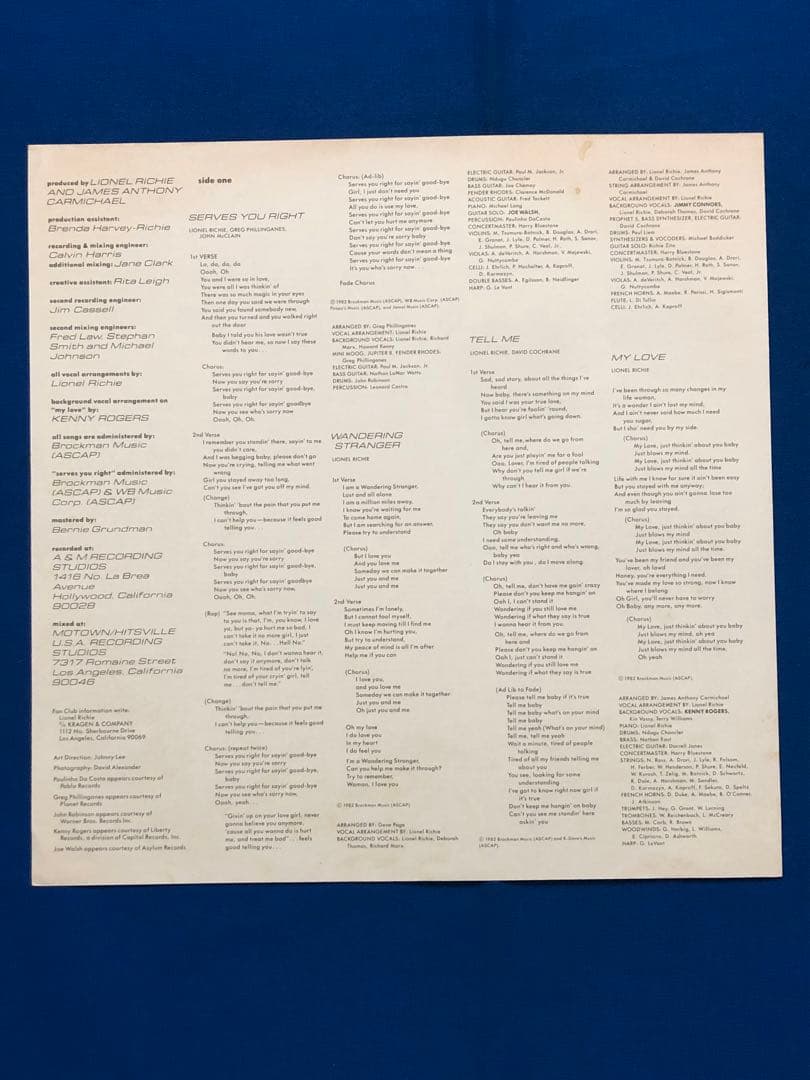 Lionel Richie - Lionel Richie Japan LP 1982 Motown VIL-6011 with Obi Lyric Sheet