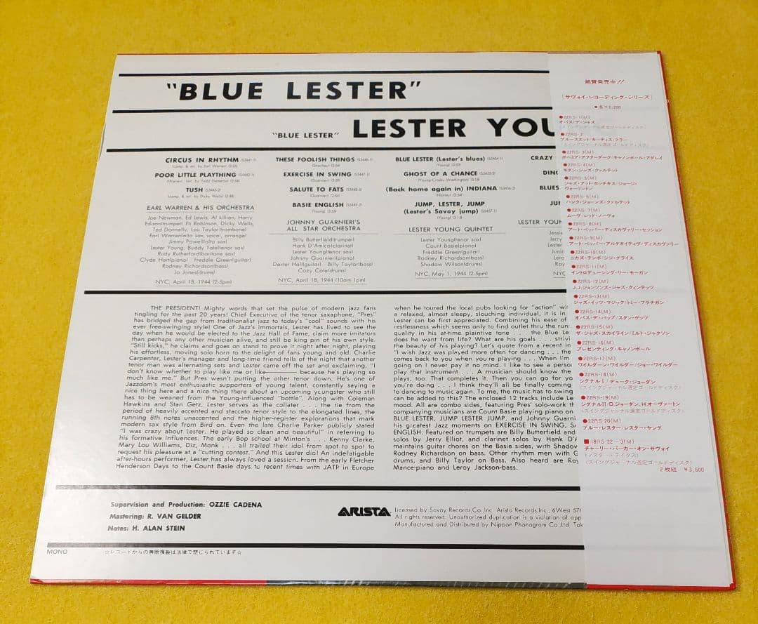 Lester Young Blue Lester Vinyl LP Japan Arista 22RS-20 Mono Swing Jazz W/ Obi