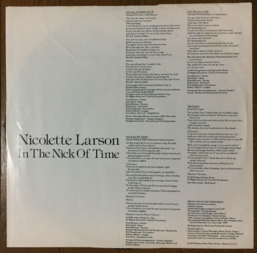 Nicolette Larson In The Nick of Time Vinyl LP 1979 AOR Light Mellow