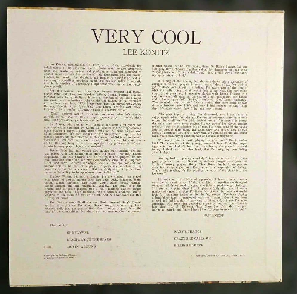 Lee Konitz - Very Cool LP Vinyl Japan Mono Jazz Verve MV 4015 Obi Booklet