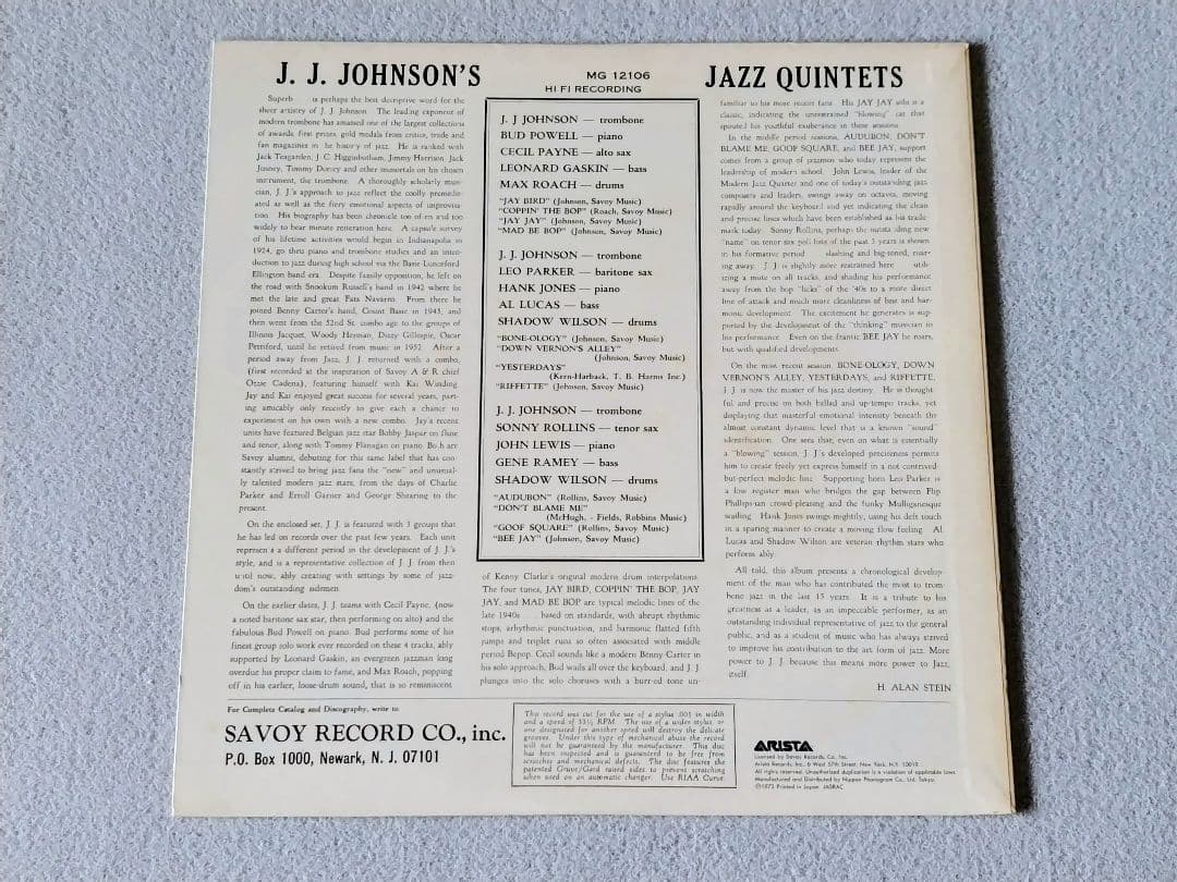 J.J. Johnson - Jazz Quintets LP Japan Arista Bebop Max Roach Sonny Rollins