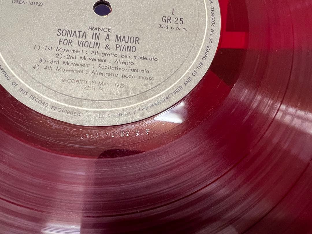 Thibaud & Cortot Franck Fauré Sonata Red Vinyl LP Angel GR-25 Japan Classical