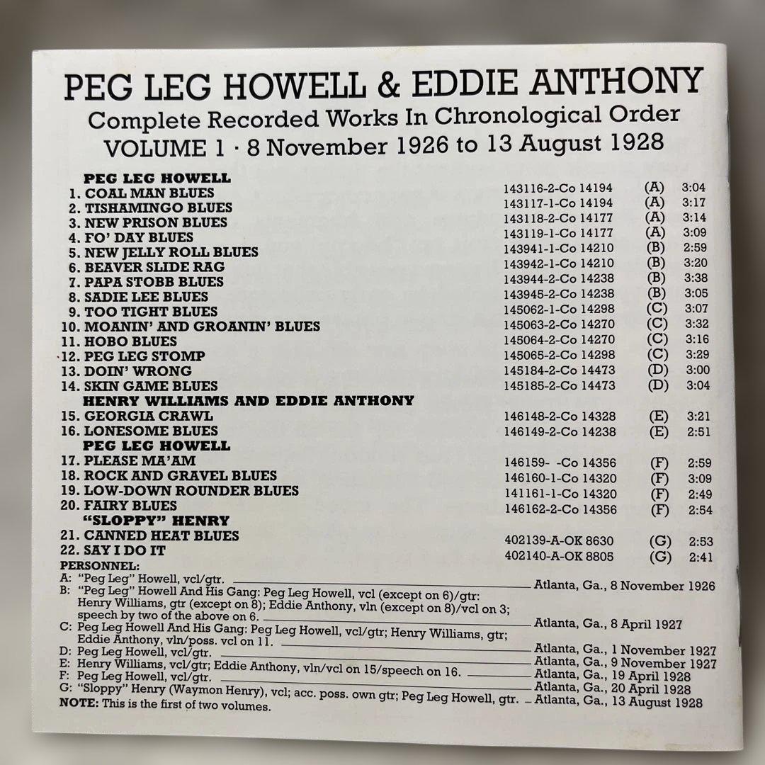 Peg Leg Howell & Eddie Anthony CD Complete Recordings Vol. 1 Matchbox Blues 1993