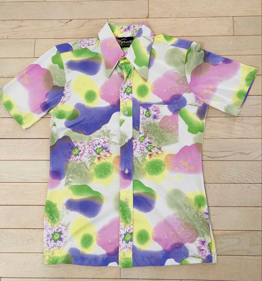 Vintage ART VINTAGE Floral Print Short Sleeve Polyester Shirt M Multiple Colors | Japansoundstore