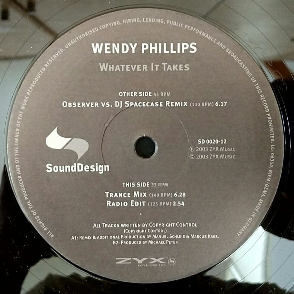 Wendy Phillips - Whatever It Takes 12" Vinyl ZYX Music Club Trance Remix