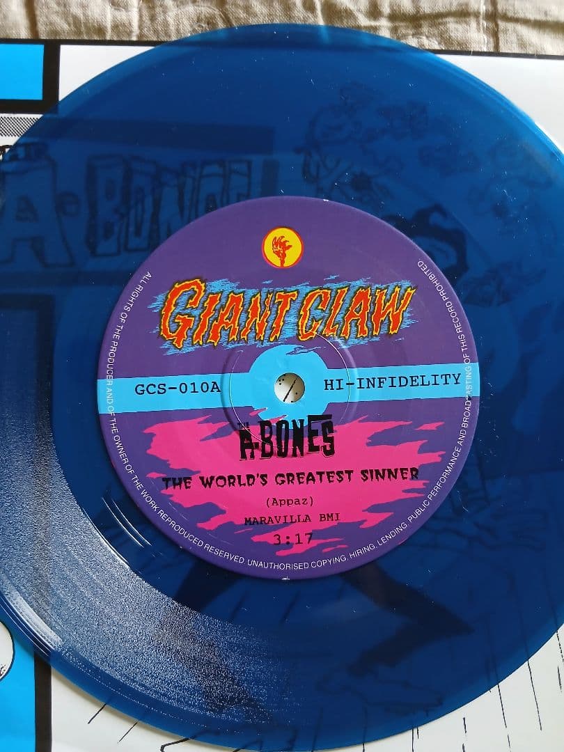 The A-Bones The World's Greatest Sinner 7" Blue Vinyl Giant Claw Rare Garage Pun