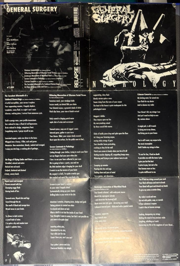 General Surgery - Necrology CD, 1993 Relapse Records, Rare Limited/2000, Death