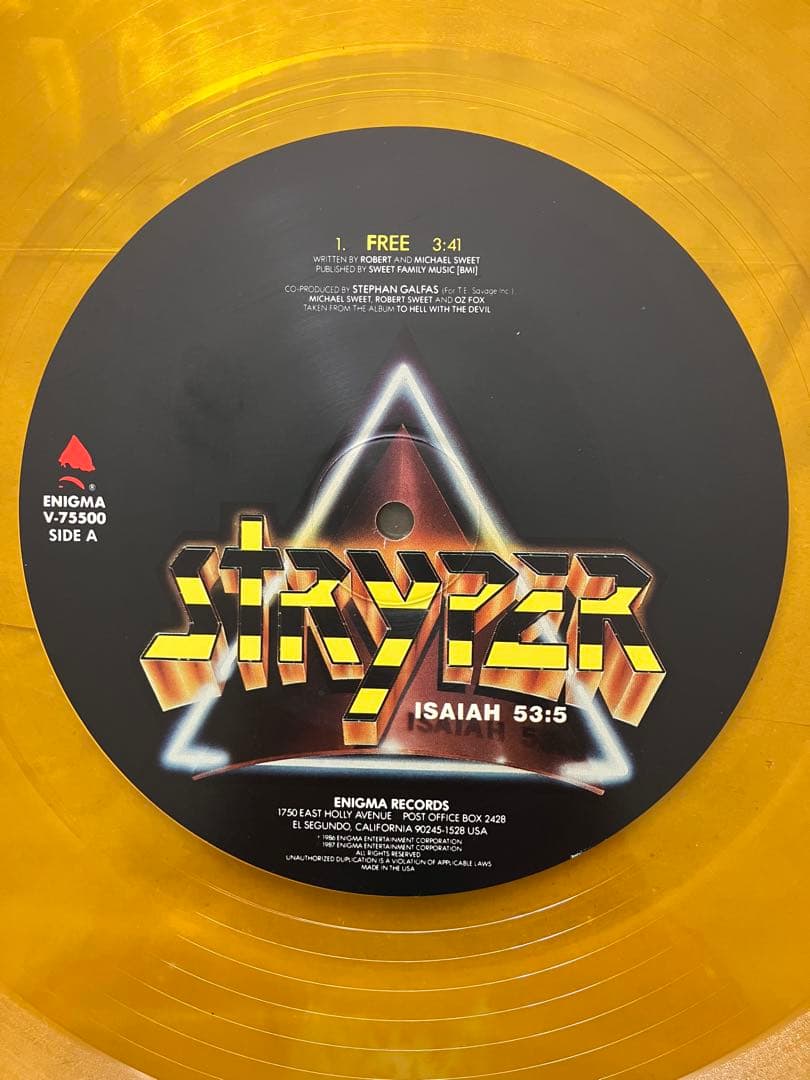 Stryper - Free / Calling On You 12" Yellow Vinyl EP Enigma Records V-75500