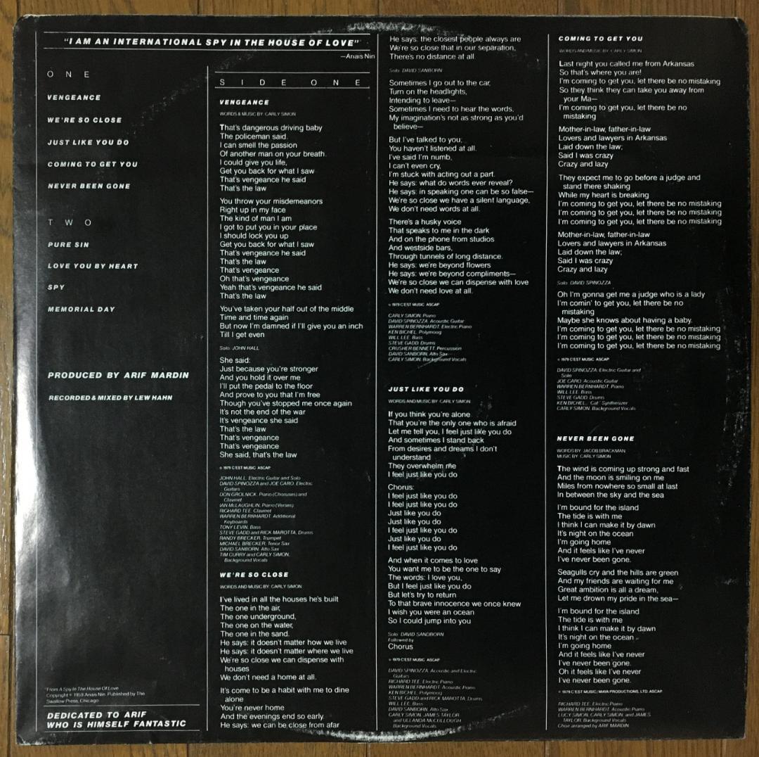 Carly Simon - Spy Vinyl LP 1979 Pop Rock Album US Pressing