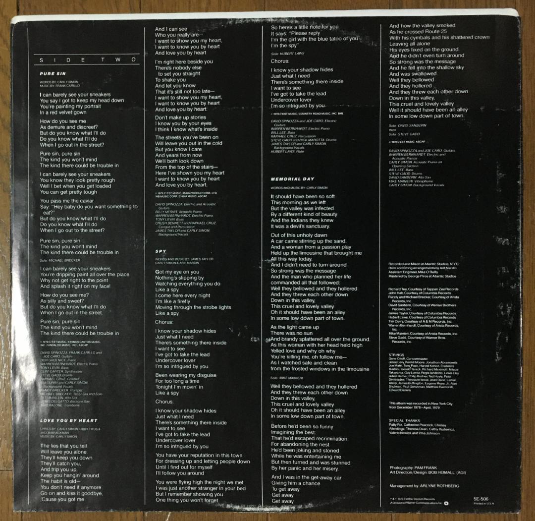 Carly Simon - Spy Vinyl LP 1979 Pop Rock Album US Pressing