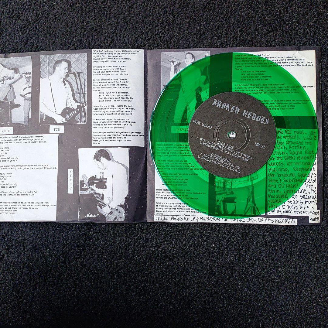 Broken Heroes - Media Blowout 7" Green Vinyl EP, 1993 USA Punk Oi! Headache Rec